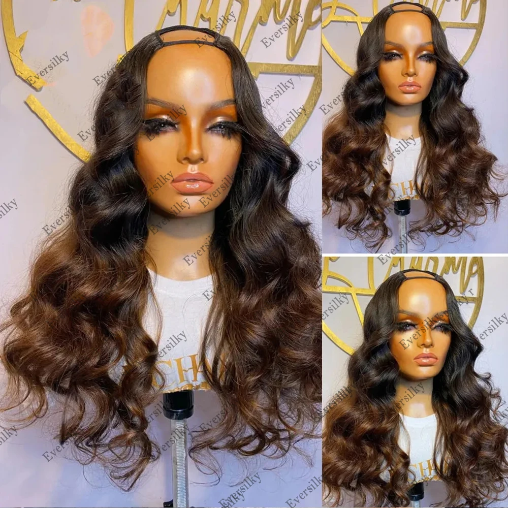 

Ombre Dark Golden Brown Body Wave V Part Human Hair Wigs 200Density Middle/Left/Right Glueless U Part Wigs With Clips for Women