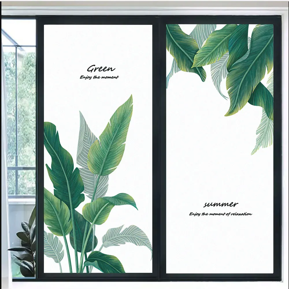 

Privacy Glass Window Film Green Plant Glass Stickers Sun Blocking Glue-Free Static Adhesive Bathroom Door Film