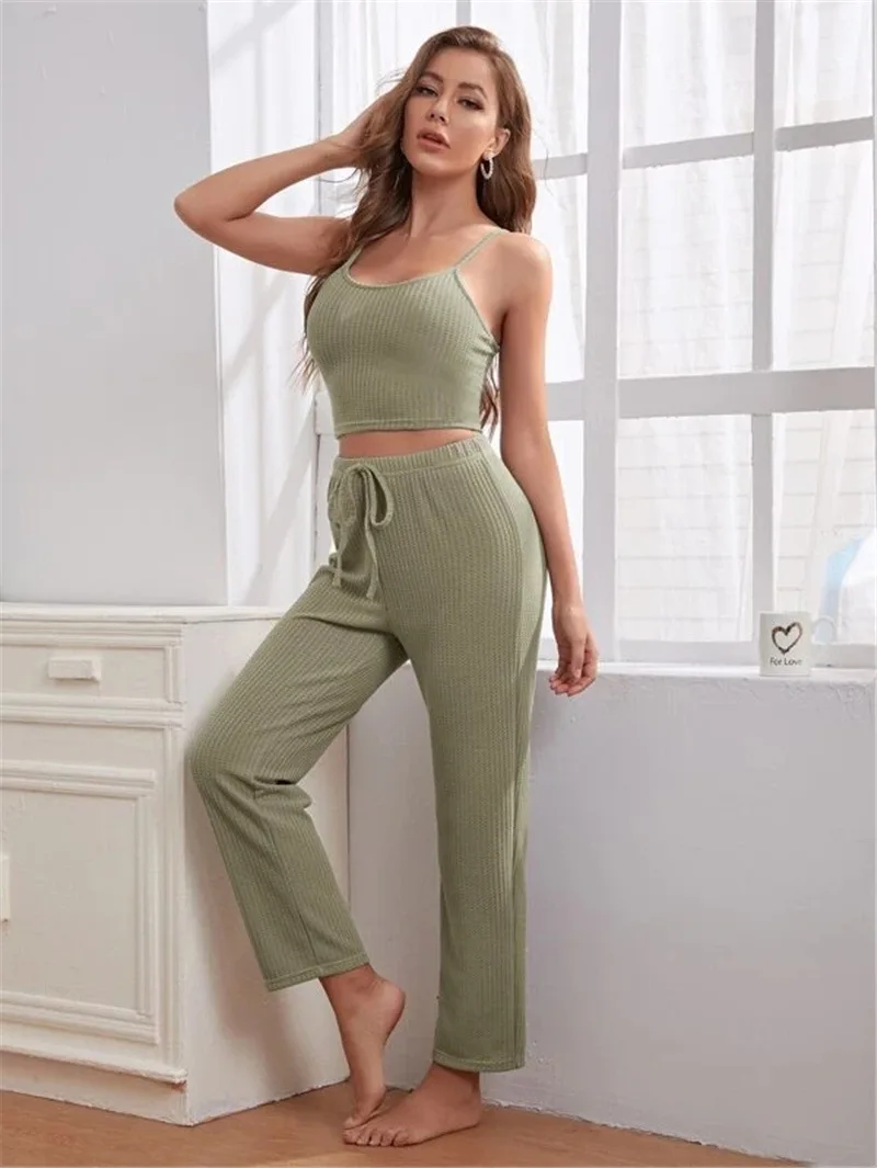 European and American Home Wear Women's Waffle Knitted Suspenders Top Trousers Robe Pajamas Three-Piece Suit