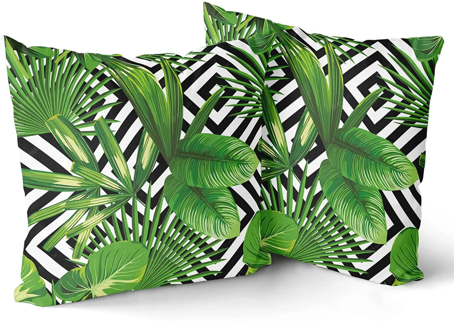

of 2 Hawaiian Monstera Palm Leaves Cotton Decorative Throw Pillow Case Black White Geometric Cushion Cover for Bedroom Sofa