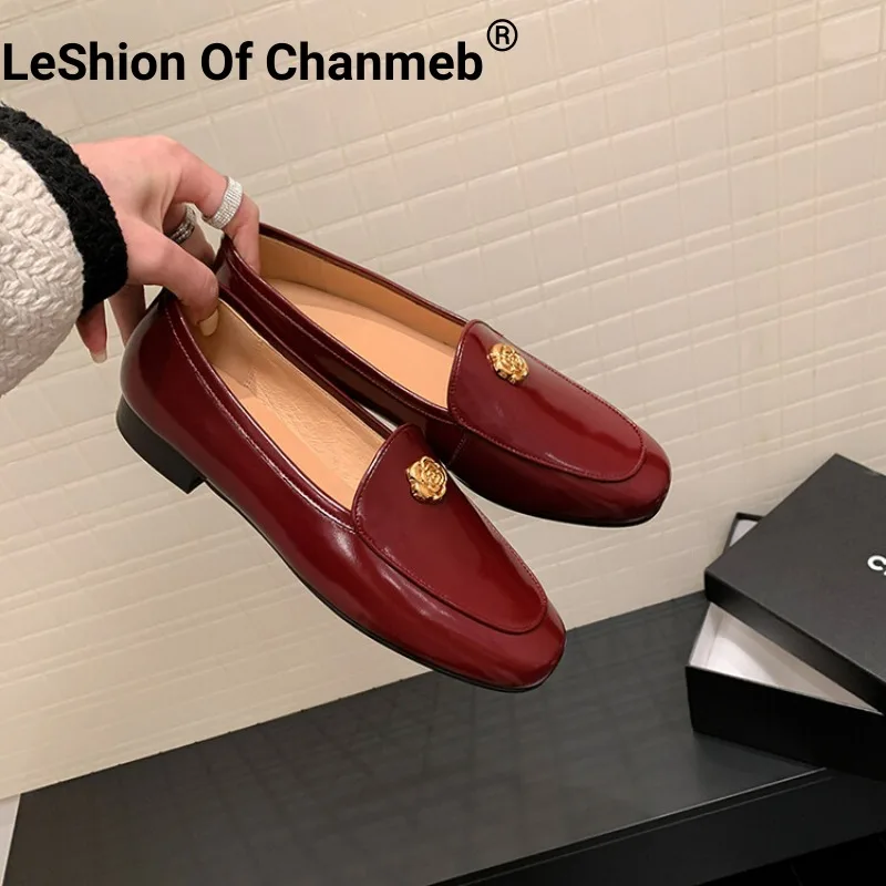 

LeShion Of Chanmeb Natural Sheepskin Leather Loafers INS Women Luxury Metal Flower Casual Shoe Slipon Beige Burgundy Flats 33-41