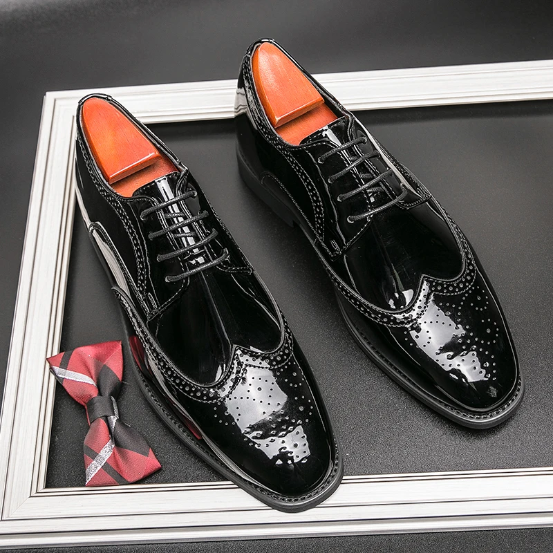 

men's casual business wedding formal patent leather shoes lace-up carved brogue shoe gentleman black white height increasing man