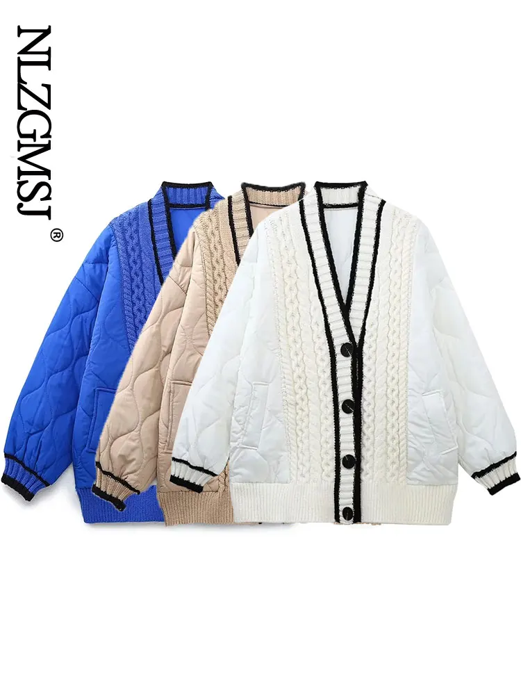 

Nlzgmsj Blue Patchwork Cardigan Coat for Women 2023 Autumn and Winter Loose Idle Style Thickened Knitting Parka Outwears
