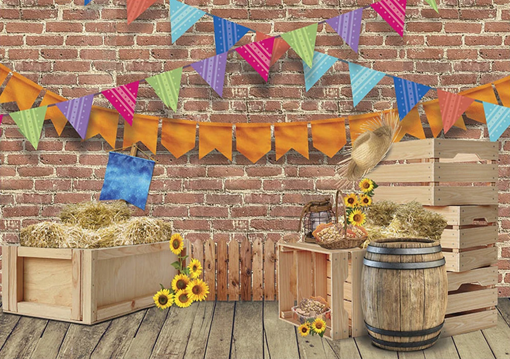

Flag Red Brick Wall Sunflower Wood Wine barrel haystack backdrops party supplies Photography Studio Backgrounds