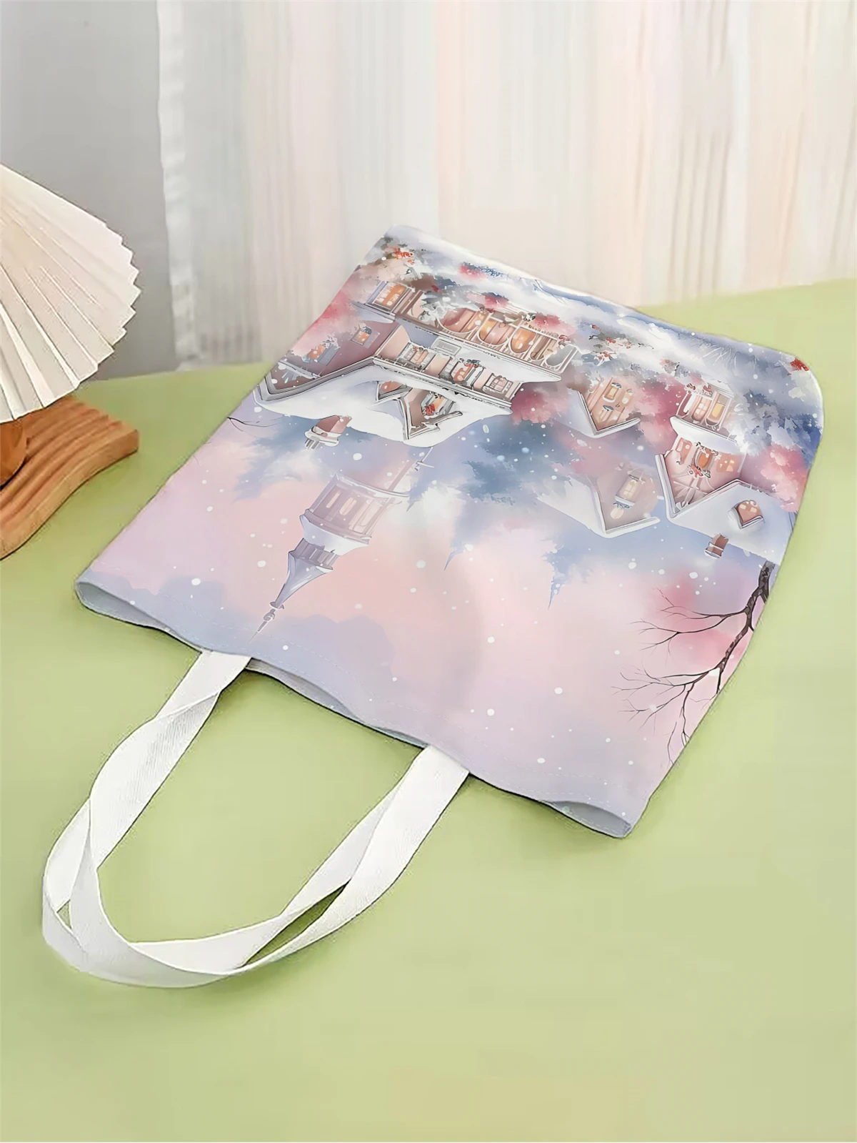 1pc,Happy Castle handbag, reusable fashionable handbag, multifunctional handbag, printed canvas shopping bag