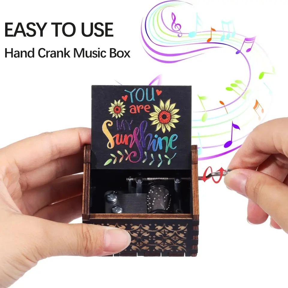 Black Wooden Music Box Hand Cranked Movement You are My Sunshine Gifts for Children Birthday Present  Home Office Decoration 2