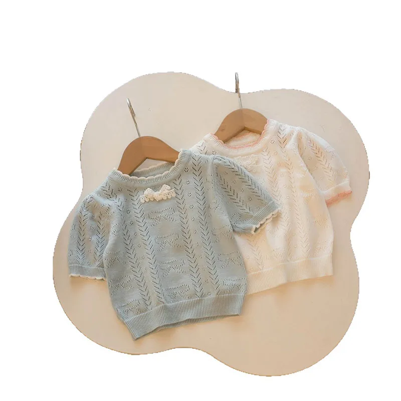 Girls Knitted Short Sleeves Color Blocking T Shirt