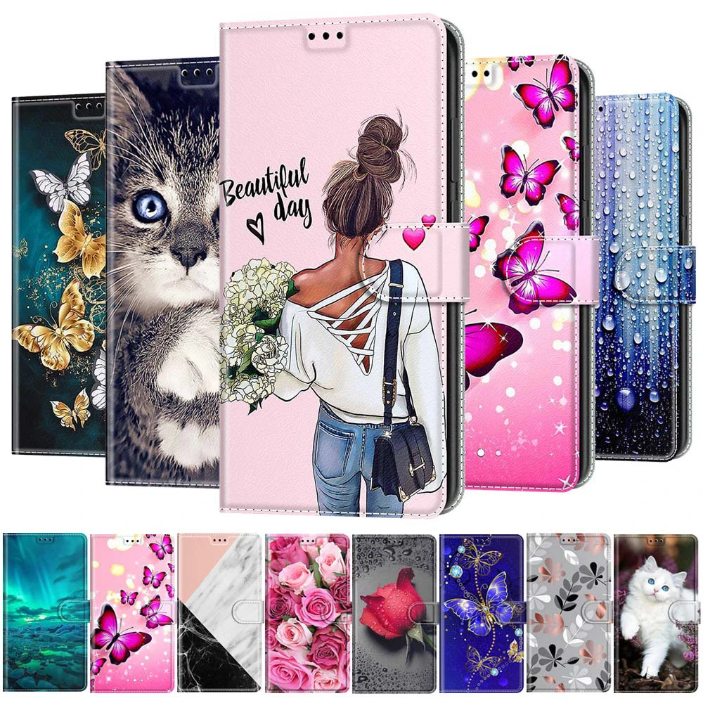Etui Flip Leather Phone Cases For Samsung Galaxy S22 Ultra S21 Plus S20 FE S10 S9 S8 S7 Luxury Flower Pattern Wallet Cover Etui galaxy s22+ wallet case