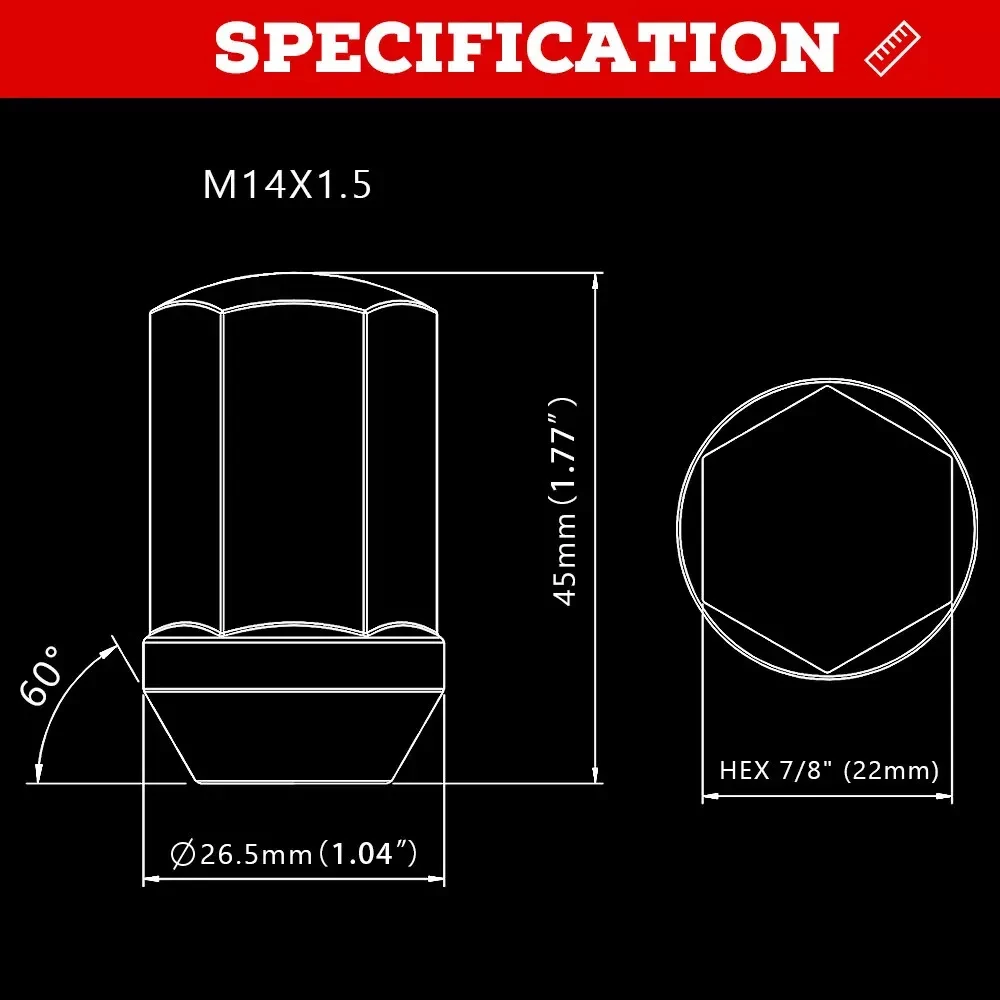 M14x1.5 Lug Nuts 24pcs, 14x1.5 OEM Factory Style Wheel Lug Nut, 1.77Inch 45mm Length, 7/8" 22mm Hex, Closed End Large Acorn Seat