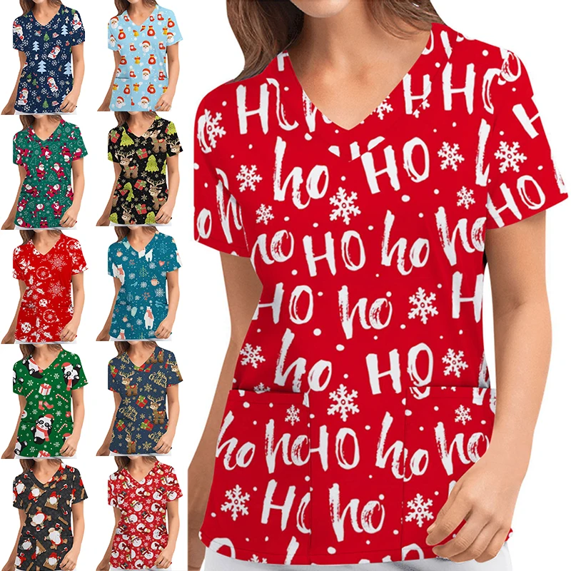 ChristmasNursingScrubsTShirtTopsCasualShortSleeveVneckPocket