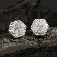RAKOL Cross Shaped Iced Out Zircon Hip Hop Stud Earrings for Men Women Gold Color Hexagon Pierced Earring Punk Party Jewelry 2