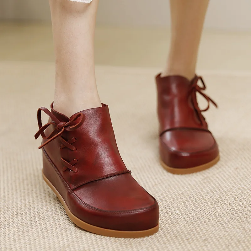 

Birkuir Genuine Leather Wedges Ankle Boots For Women Female Lace Up Luxury Soft Soles Shoes Leisure Ladies Flats Short Boots