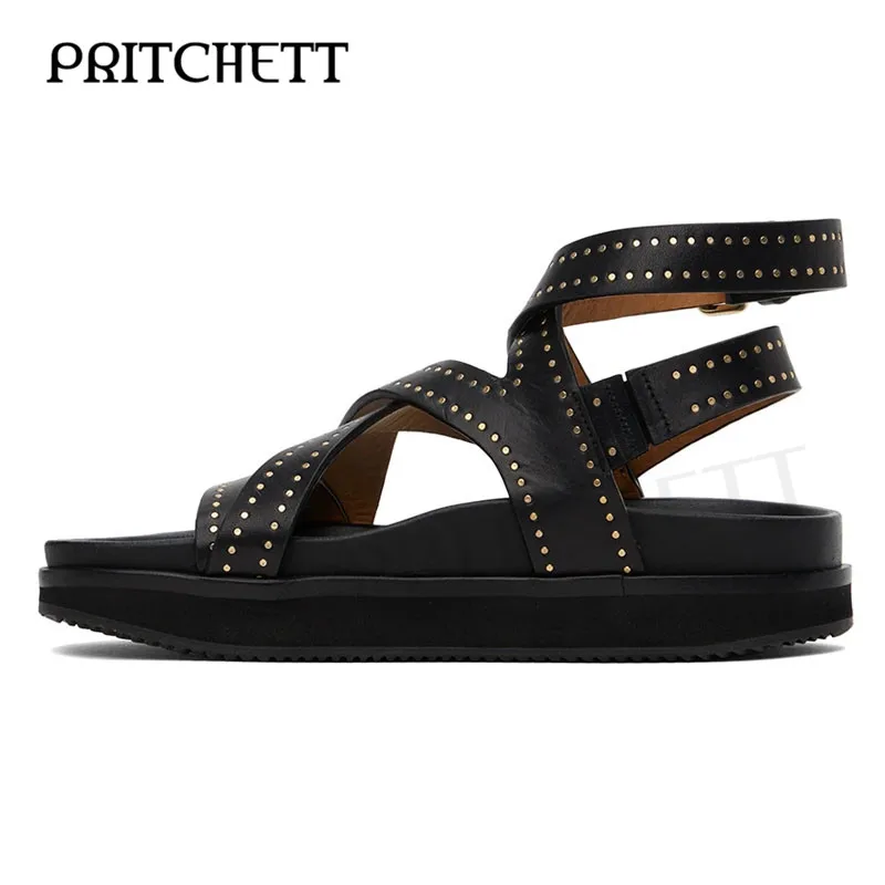 Fashion Rivets Black Platform Sandals Round Toe Heightened Platform Cross Strap Metal Ankle Buckle Casual Comfortable Sandals