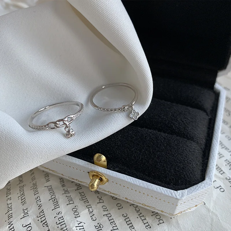 Chain Rose Flowers Pendant Rings for Women Personality Zircon Opening Ring Anniversary Romance Jewelry