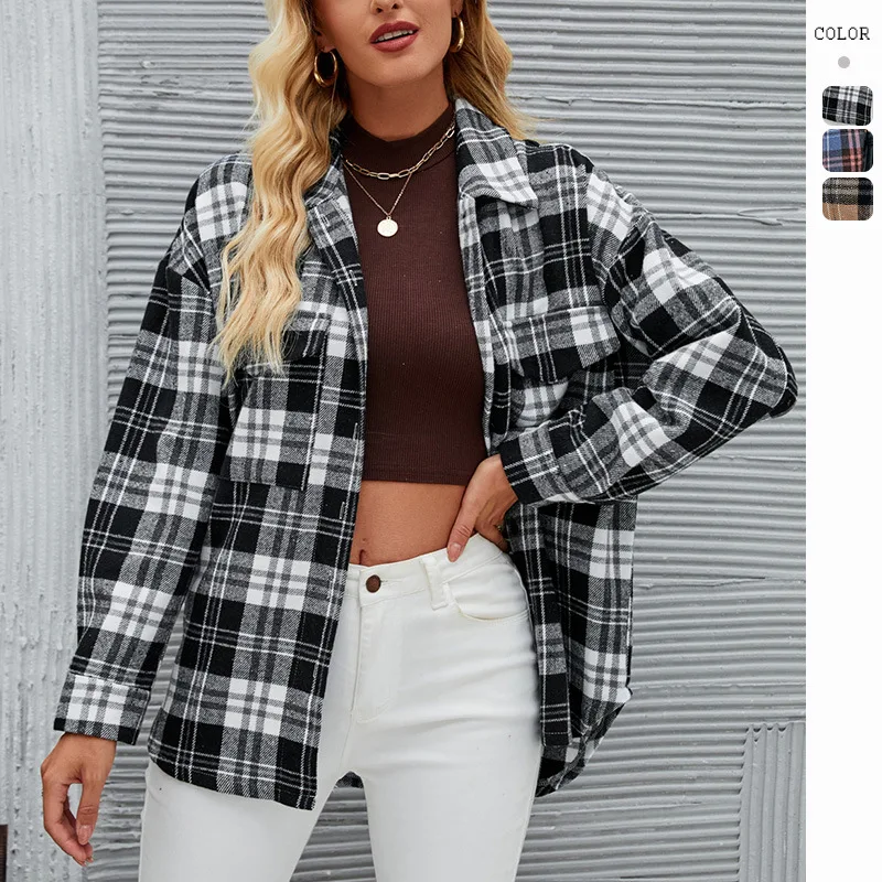 

2023 Autumn and Winter New Casual Fashion Single-Breasted Plaid Loose Woolen Coat