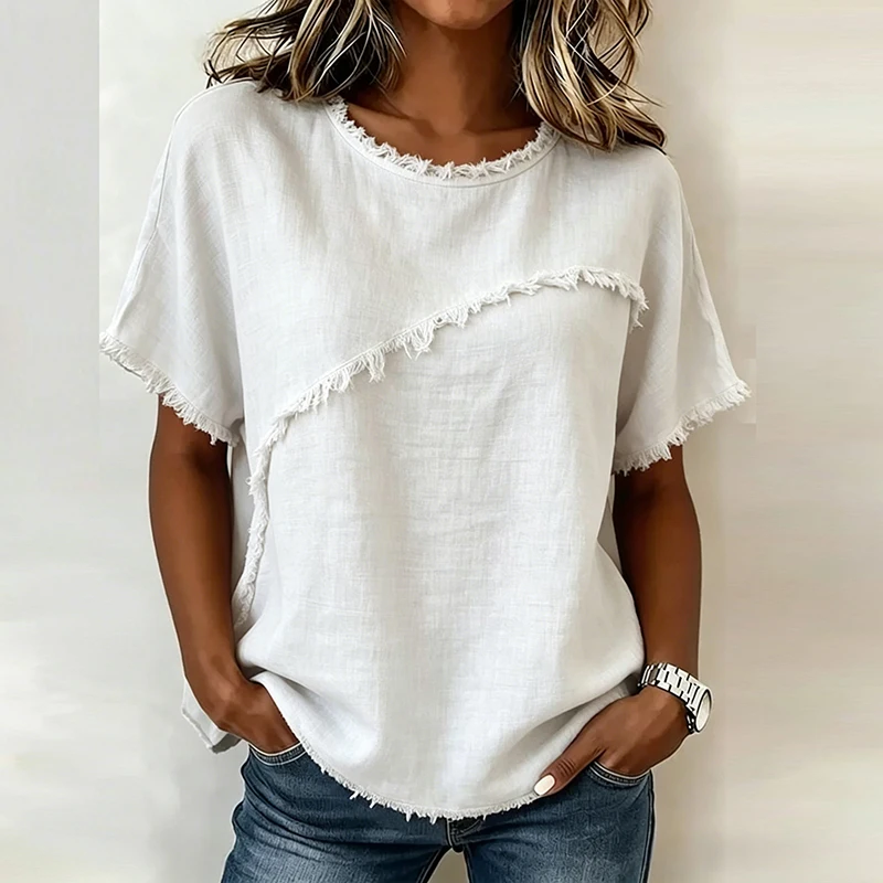 Summer Women T-Shirts O Neck Tassel Design Loose Tee Tops Female Casual T Shirts For Women Summer Pullovers 4