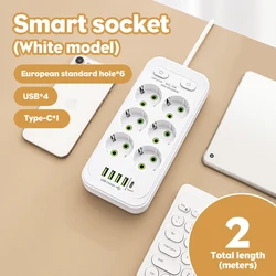 EU Plug Multitap Power Strip with 4 Outlets, 2 USB Ports, and 1 Type - C Port, 2500W Max (6 White USB)