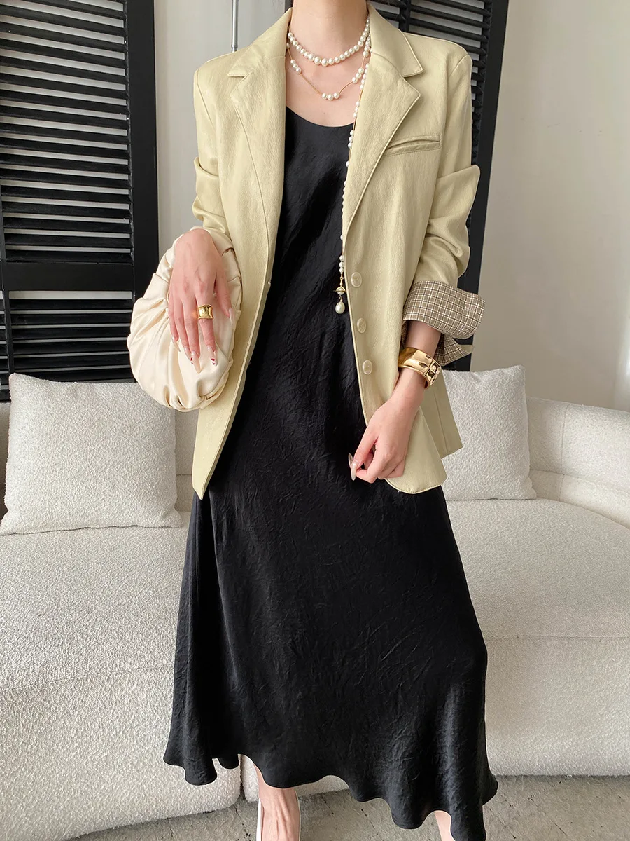 Frühling und Herbst Damen Modische Einfarbige Pendler-Jacke mit Gitterkontrast-Manschetten aus PU-Leder – Detail 13