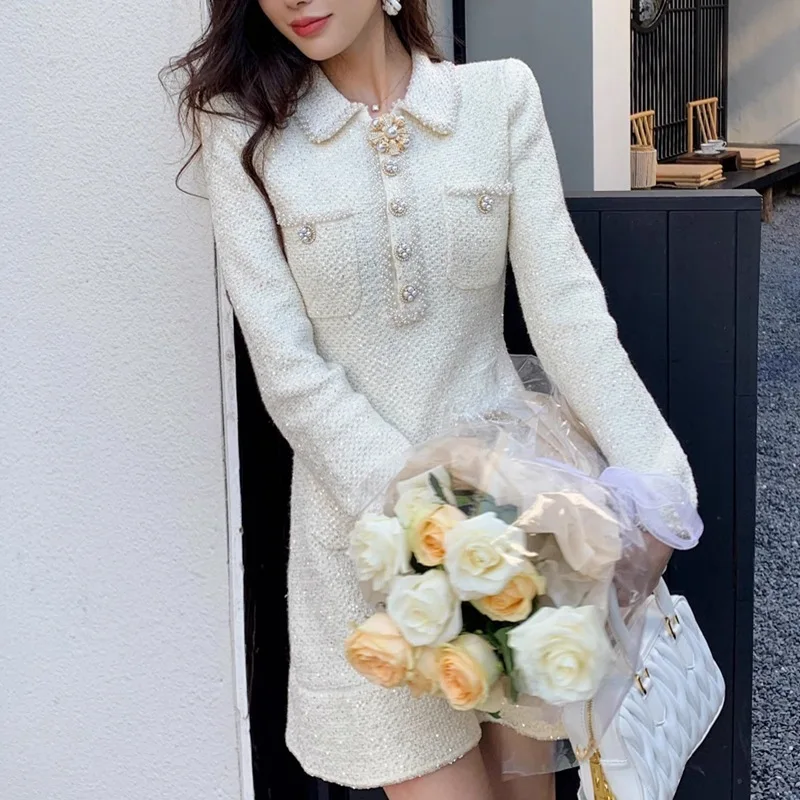 Elegant Short Dress European Style Tweed Lapel Beading Button Long Sleeve Fashion Dresses For Women 2025 Spring Summer 9896