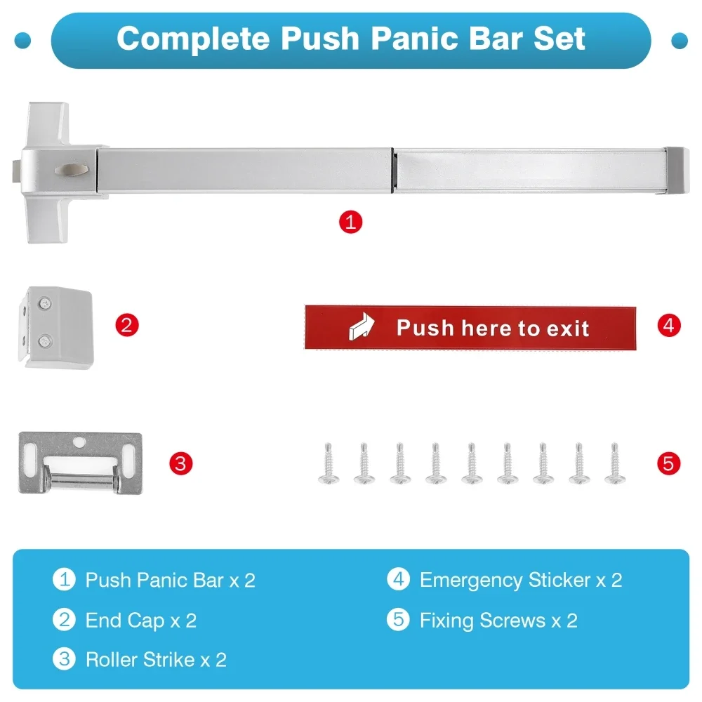 Panic Exit Device Door Push Bar Rod Emergency Fireproof Exit Bar Closer for Doors Width 70-104cm Easy Installation