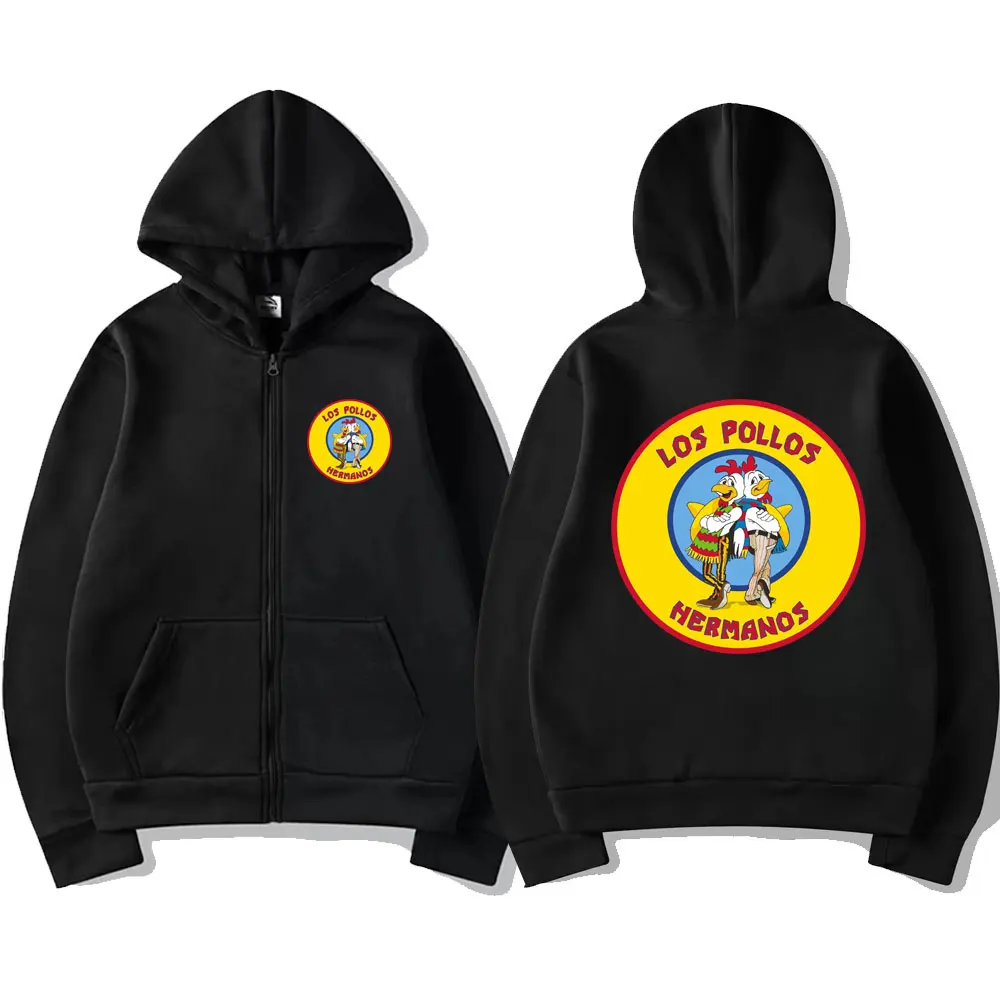 Vintage Breaking Bad Los Pollos Hermanos Chicken Brothers Graphic Zipper Hoodies Men Casual Sweatshirt Male Loose Zip Up Jacket