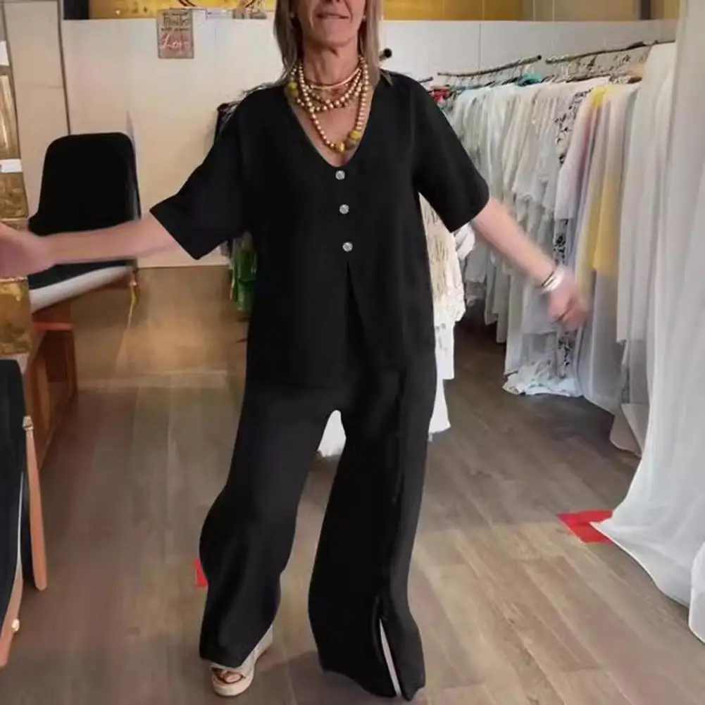 Elastic Waist Pants Suit Stylish Women's V Neck Top Wide Leg Pants Set for Casual Commute Outfit Short Sleeve Loose Slit T-shirt