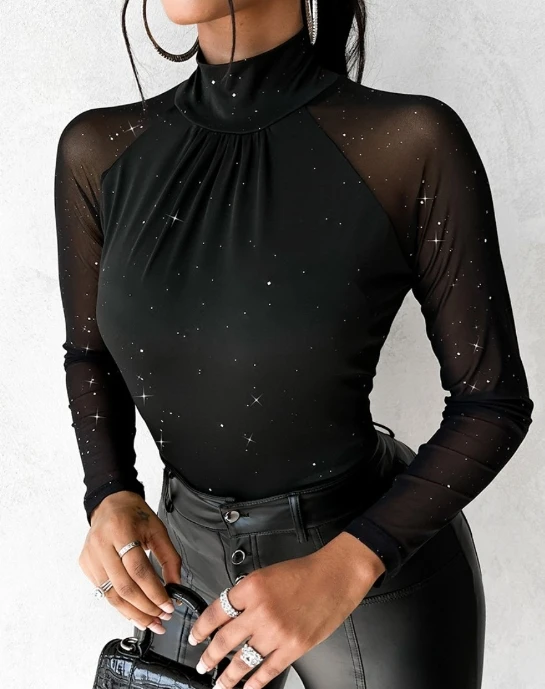 

Fashion Woman Blouse 2023 Winter New Casual Elegant Long Sleeve Round Neck Lace Panel Printed Shirt Temperament Commuting
