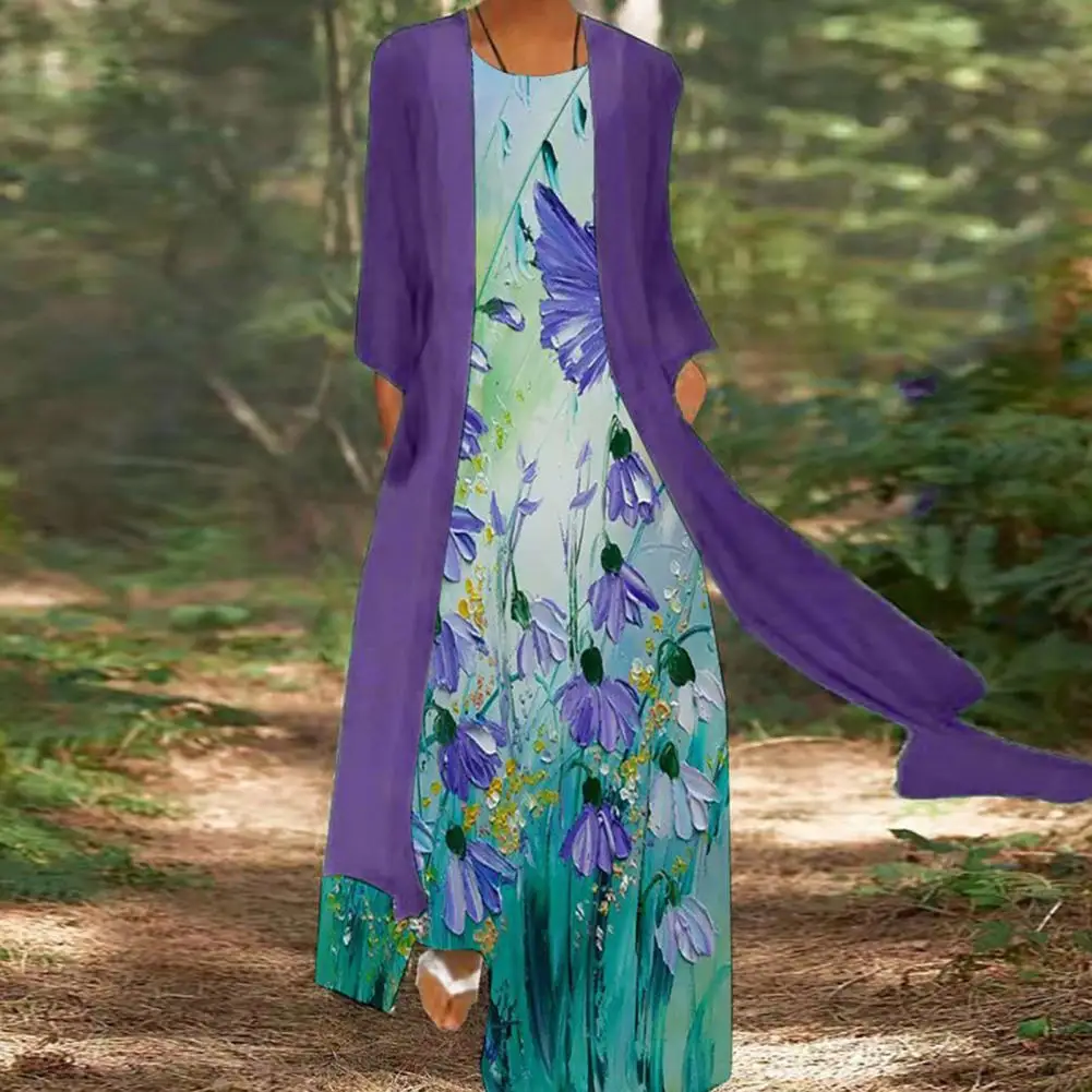 

Women Coat Dress Set Coat Cardigan Sleeveless Dress Floral Printing Summer Dress Set Evening Dresses robe femme chic et élégante