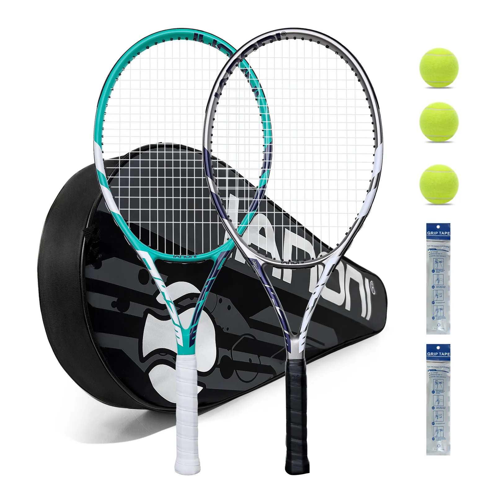 Tennis Rackets for Adults Pre-Strung 27 Inch Tennis Racquets 2 Player Racket Set with 3 Balls 2 Grips 2 Vibration Damper