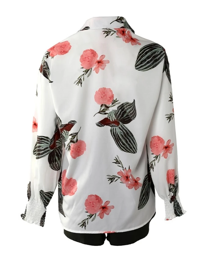 3 Pieces Set Outfits Women Summer Lantern Sleeve Spaghetti Strap Halter Turn-Down Collar New Plant Printed Shirts 3Pcs Short Set