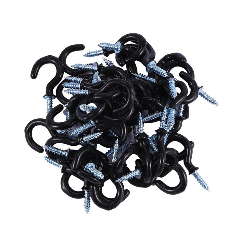 Y17A 150 Pcs 1.1 Inch Cup Mug Hooks Shouldered Metal Screw-In Plastic Coated Hanging Black