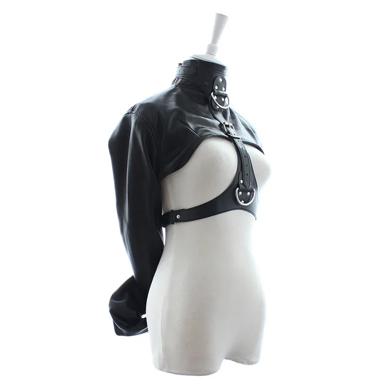 der Top da donna con camicia di forza senza coppe, in pelle contenitiva sexy, bondage schiavo BDSM_voghion.com