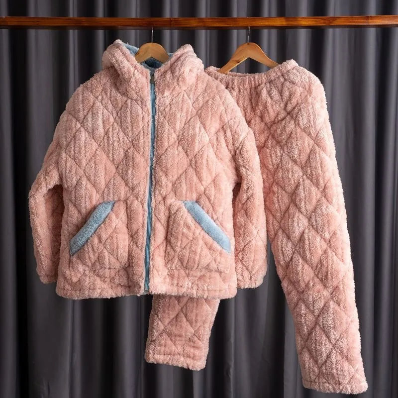 Winter Women Three-Layer Quilted Thermal Pajamas Female Thicken Fleece-Lined Homewear Thicken Coral Velvet Nightclothes Suit