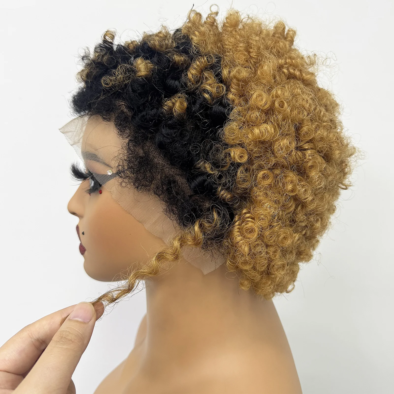 T1B/30 Colored 4C Hairline Afro Kinky Curly Short Human Hair Wigs 13x4 Lace Frontal Edges Afro Kinky Curly Hair Wig for Women 3