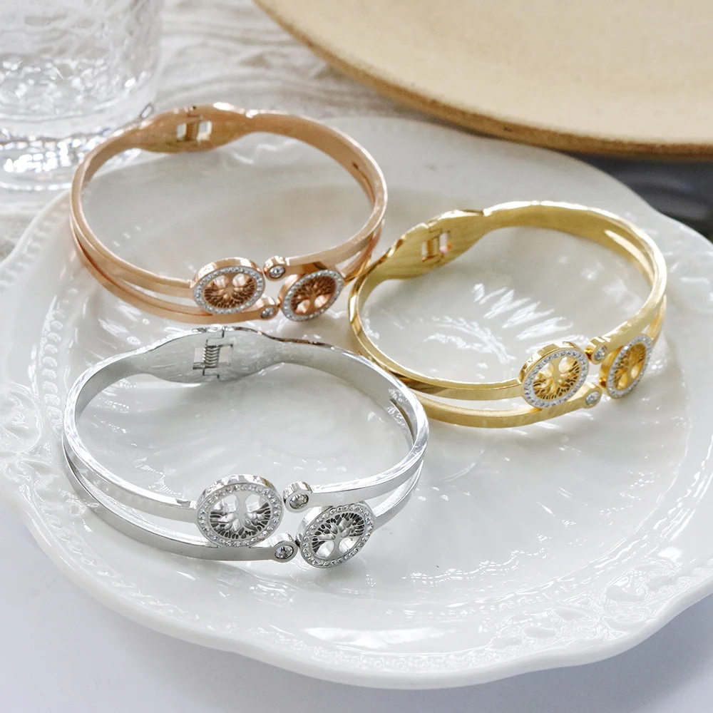 Trend Life Tree Charm Bracelets for Women Stainless Steel Hollow Crystal Bangles Luxury Gift Cubic Zirconia Tree Jewelry