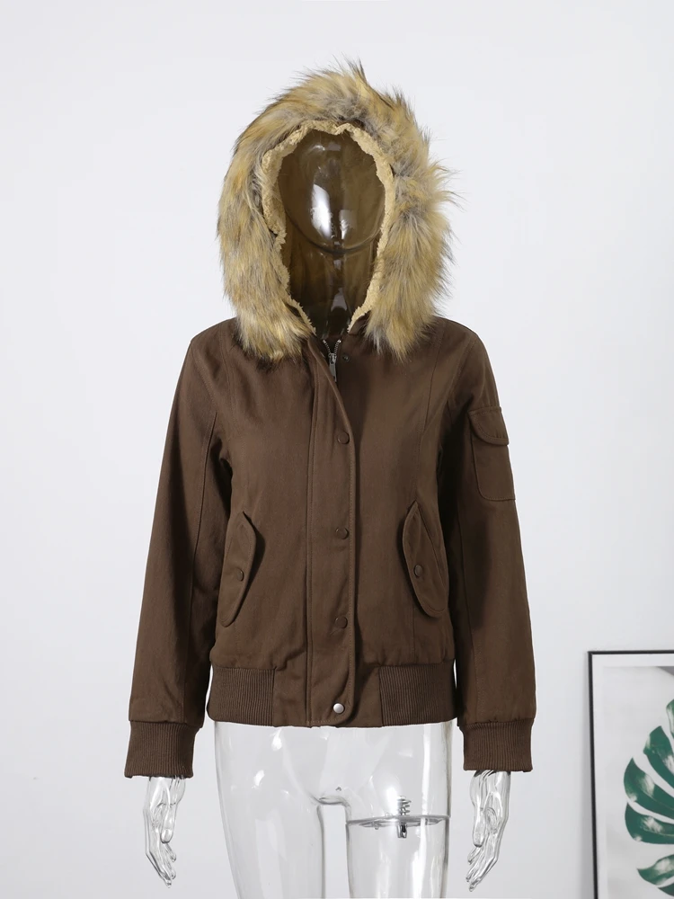 Damen-Bomberjacke mit Kapuze und Pelzkragen, Wintermantel, Herbst 2022, langärmelig, einreihig, gerüscht, Tops, schicke Damen-Oberbekleidung – Detail 7