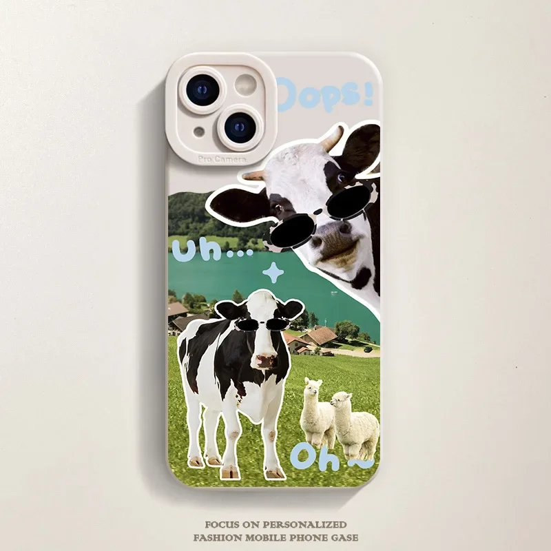 thumbnail image 1 of Korean Cute Collage Sunglasses Cow Phone Case For iPhone 15 14 13 12 Pro Max 11 Lovely Cool Silicone Shockproof Soft Back Cover, 1 of 5
