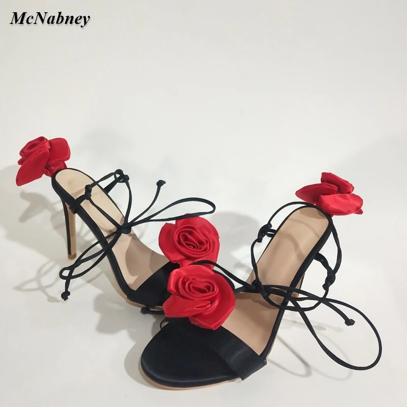 

Women Mixed Color Silk Rose Flowers Lace-Up Ankle Sandals Summer Slingback Peep Toe Thin High Heels Ladies Party Wedding Shoes