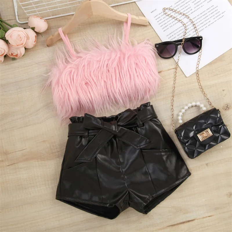 1-6Y Kids Girls Summer Clothes Sets Baby Sleeveless Plush Sling Tank Tops + PU Leather Short Pants with Belt Children Outfits