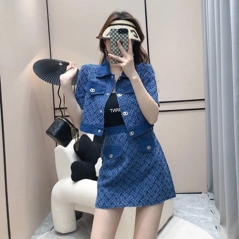 Fashion Age Reducing Denim Set Women's Summer Short Sleeve Shirt Top+Slim High Waist A-line Half Length Short Skirt