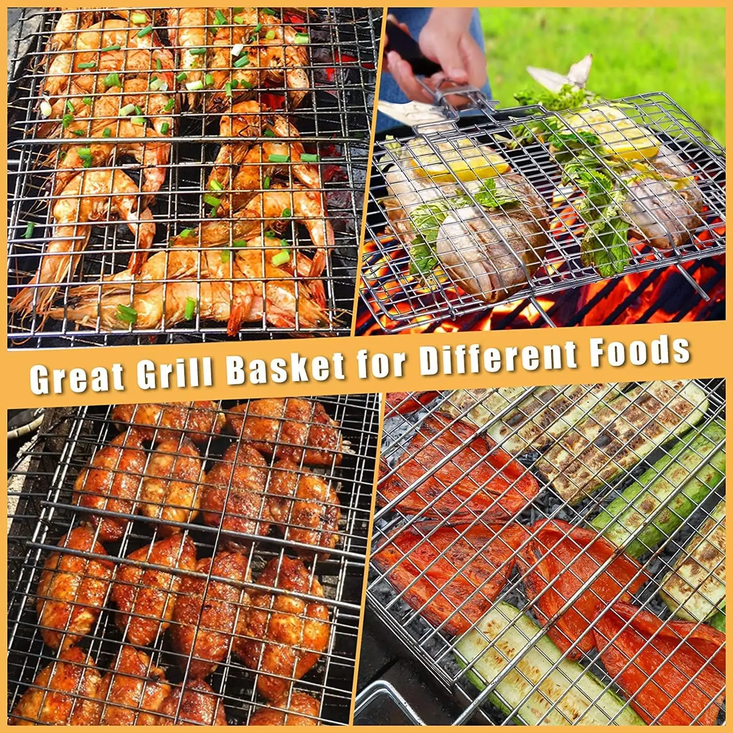 Grill Basket Stainless Steel Folding Grilling Basket Outdoor Camping BBQ Rack Shrimp Steaks Fish Barbeque Griller Cooking Tool bbq grilling accessories bbq grilling basket