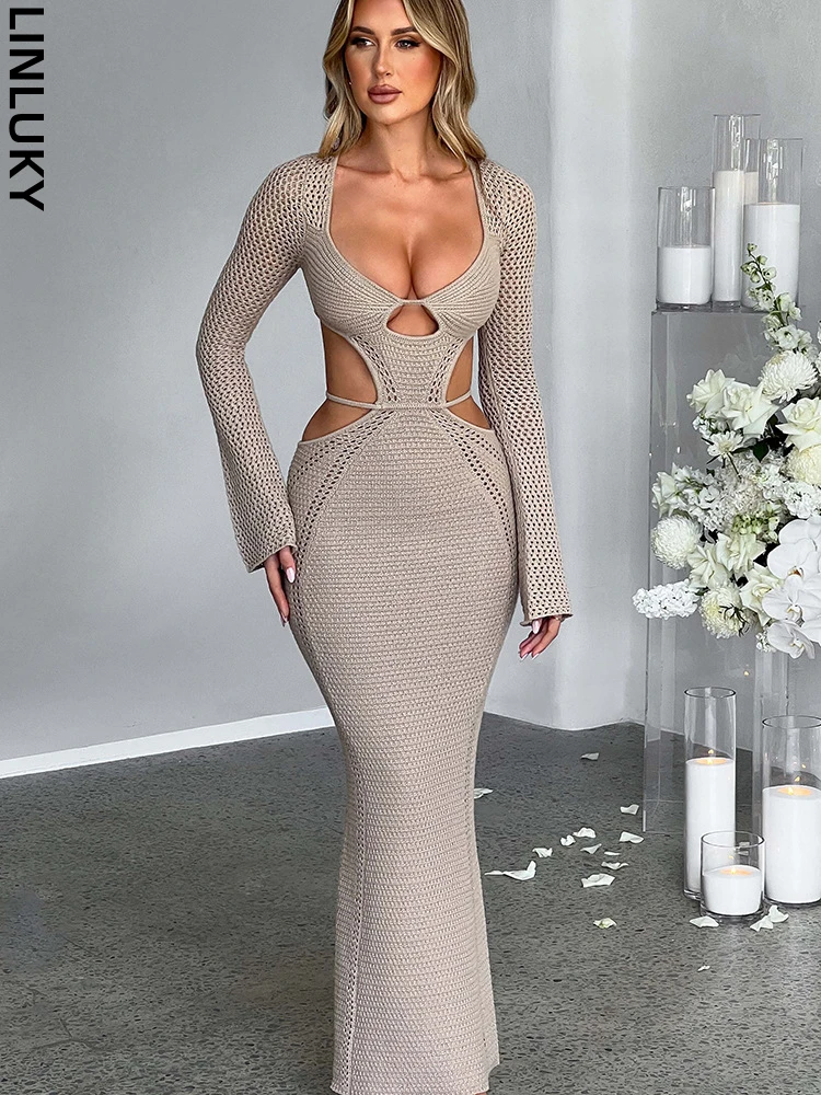 

Autumn Sexy Street Hanging Neck Hollow Panel Lace up Long Sleeve Dress for Women Club Party Evening Long Dresses Woman Clothing