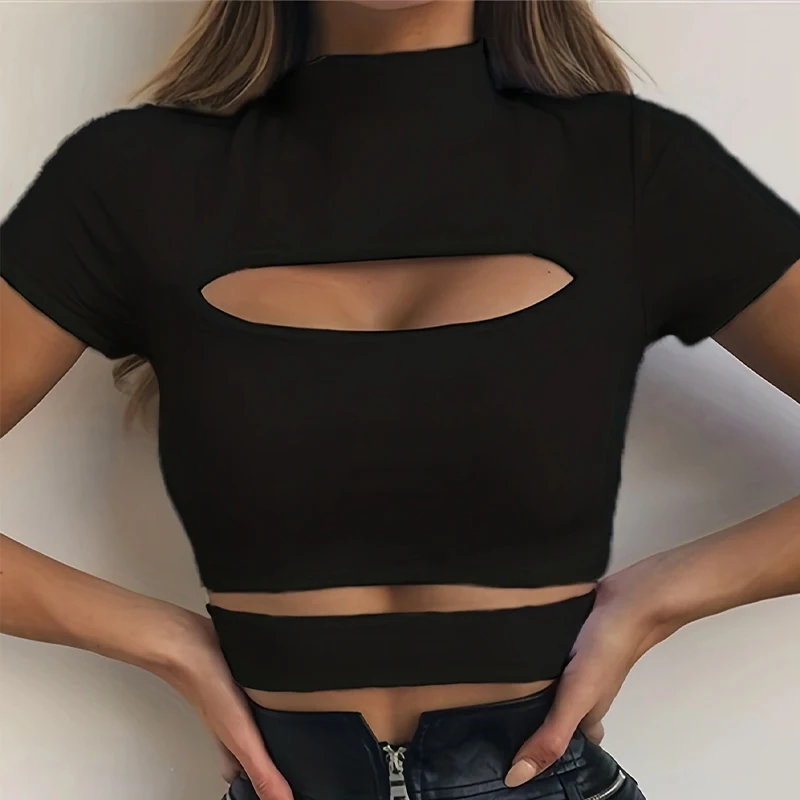 Crop Top Donna Con Cuori Leopardati - Manica Corta, Scollo Rotondo, In Cotone E Spandex - Rosso/Nero - 4