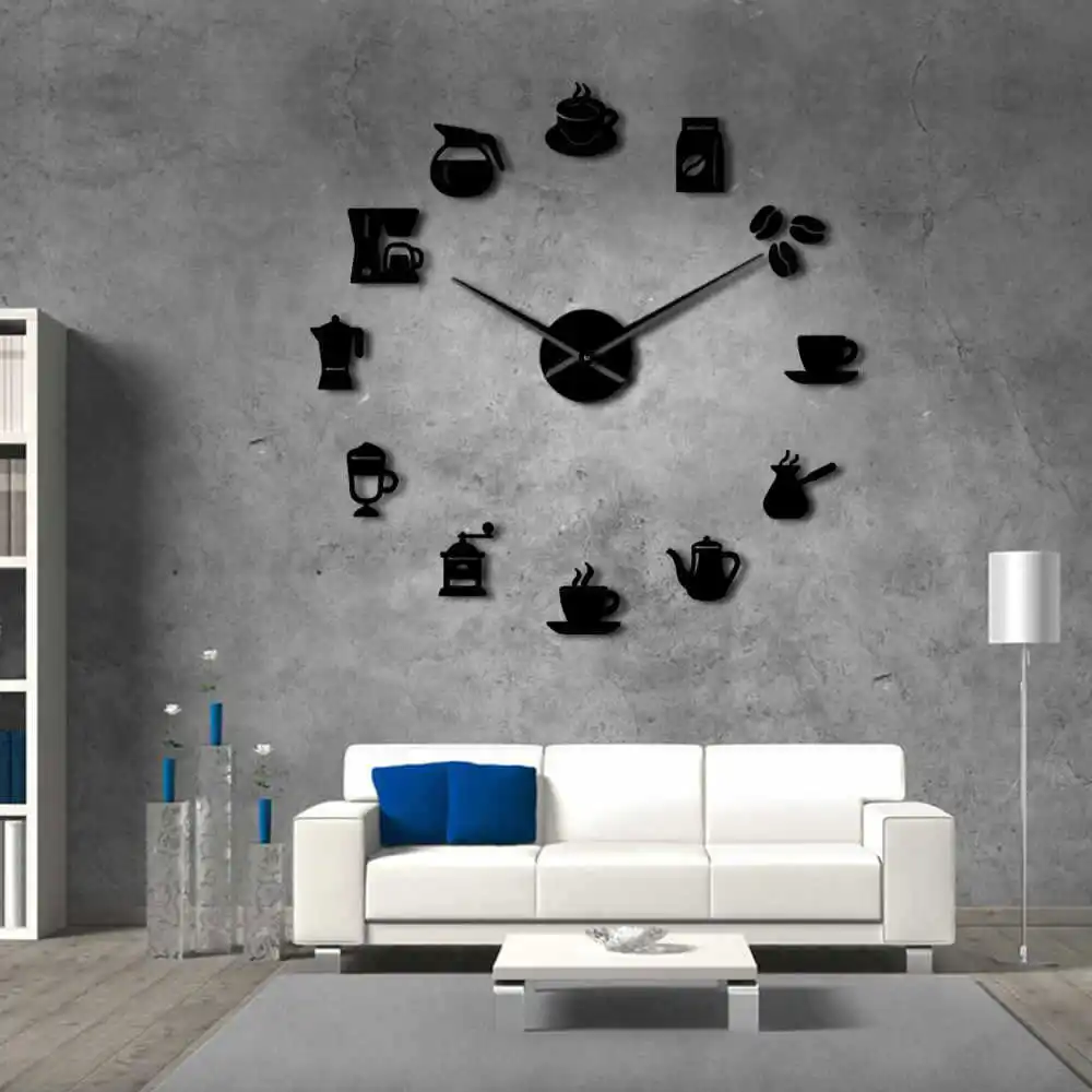 DIY 3D New Modern Design Wall Clock Coffee Cup Shape Acrylic Home Clocks For Kitchen Dinner Room Decor Mirror Silent Horologe
