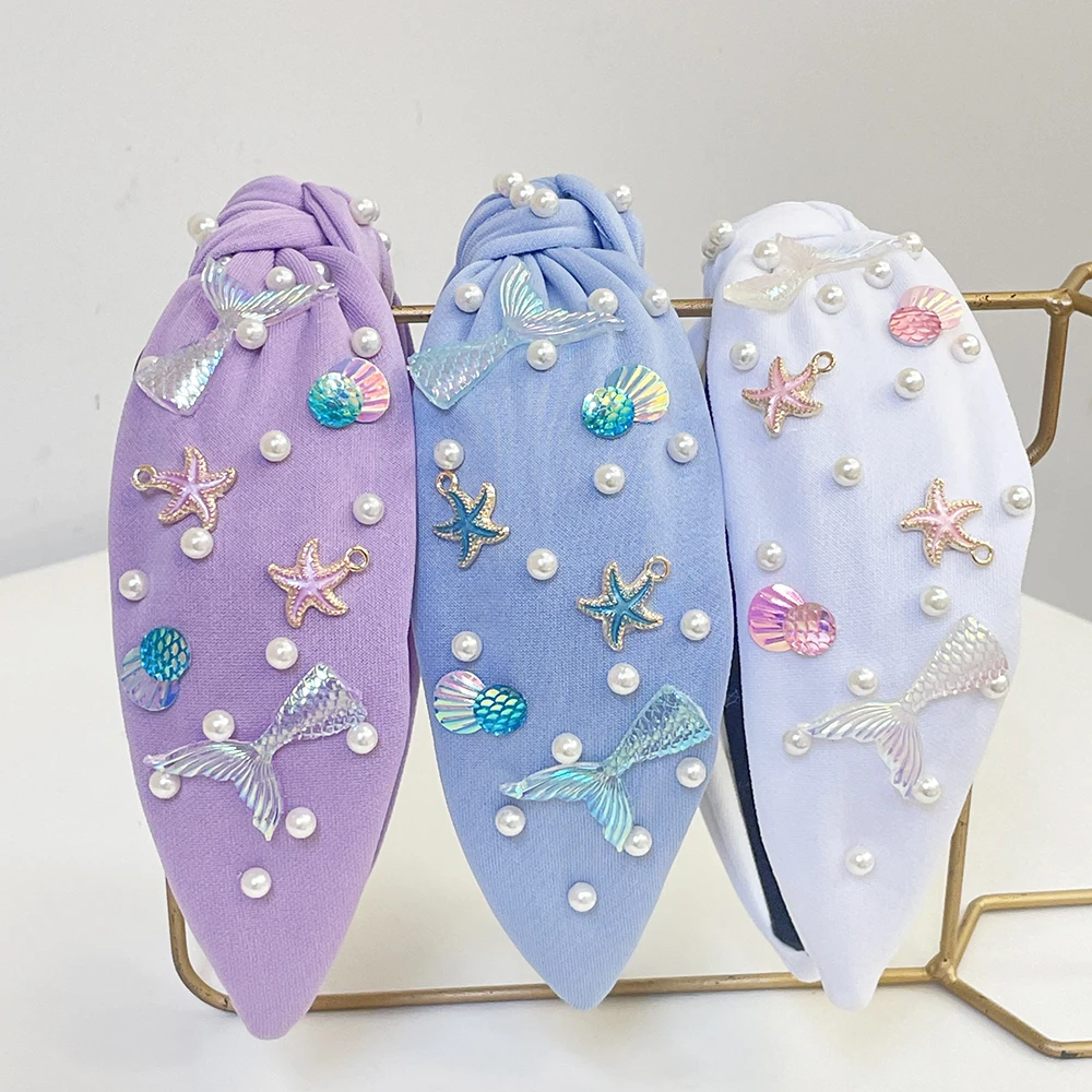 Ocean-Themed Knotted Headband For Women – Starfish, Seashell, Rhinestone Hairband For Summer & Beach