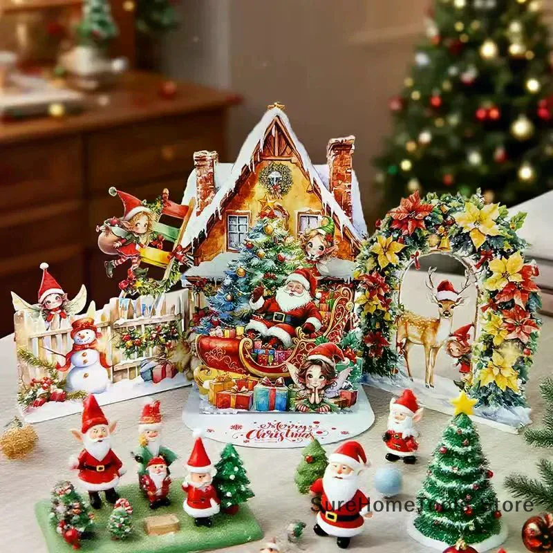 3D Christmas Card Night Before Christmas Scene With Santa, Reindeer, Snowy Village & Moonlit Sky Festive Holiday Greeting Card F