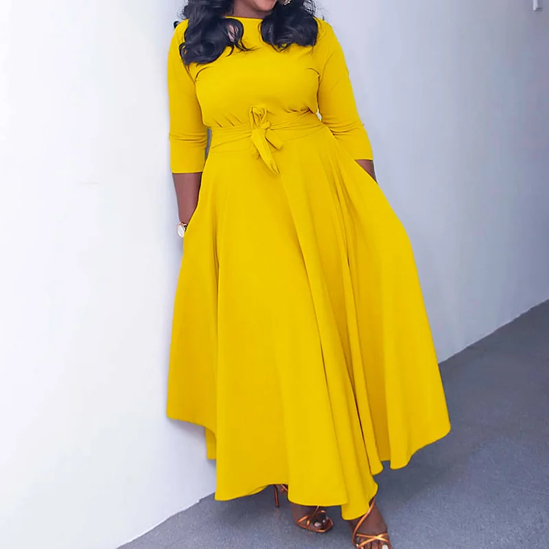 Autumn Winter Plus Size Women Clothes Solid Color Fashion Round Neck Bandage Three Quarter Sleeve Higt Waist Elegant Maxi Dress