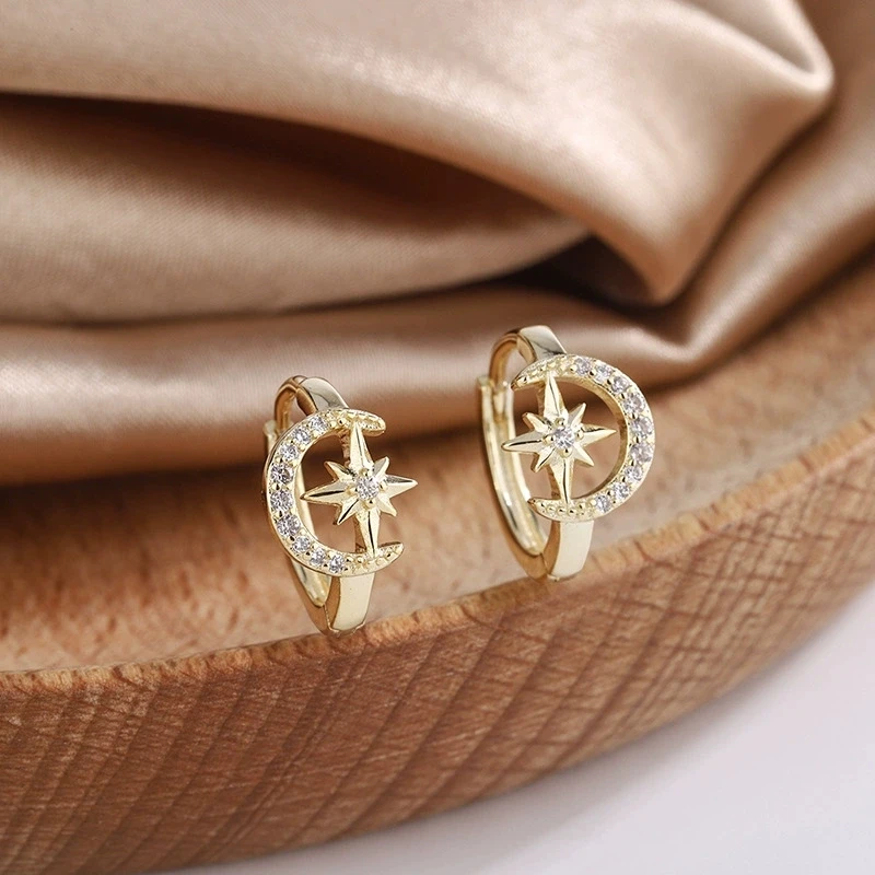 Cute Star Moon White Zircon Small Round Hoop Earrings For Women Charm Gold Color Ear Buckle Wedding Jewelry Valentine's Day Gift