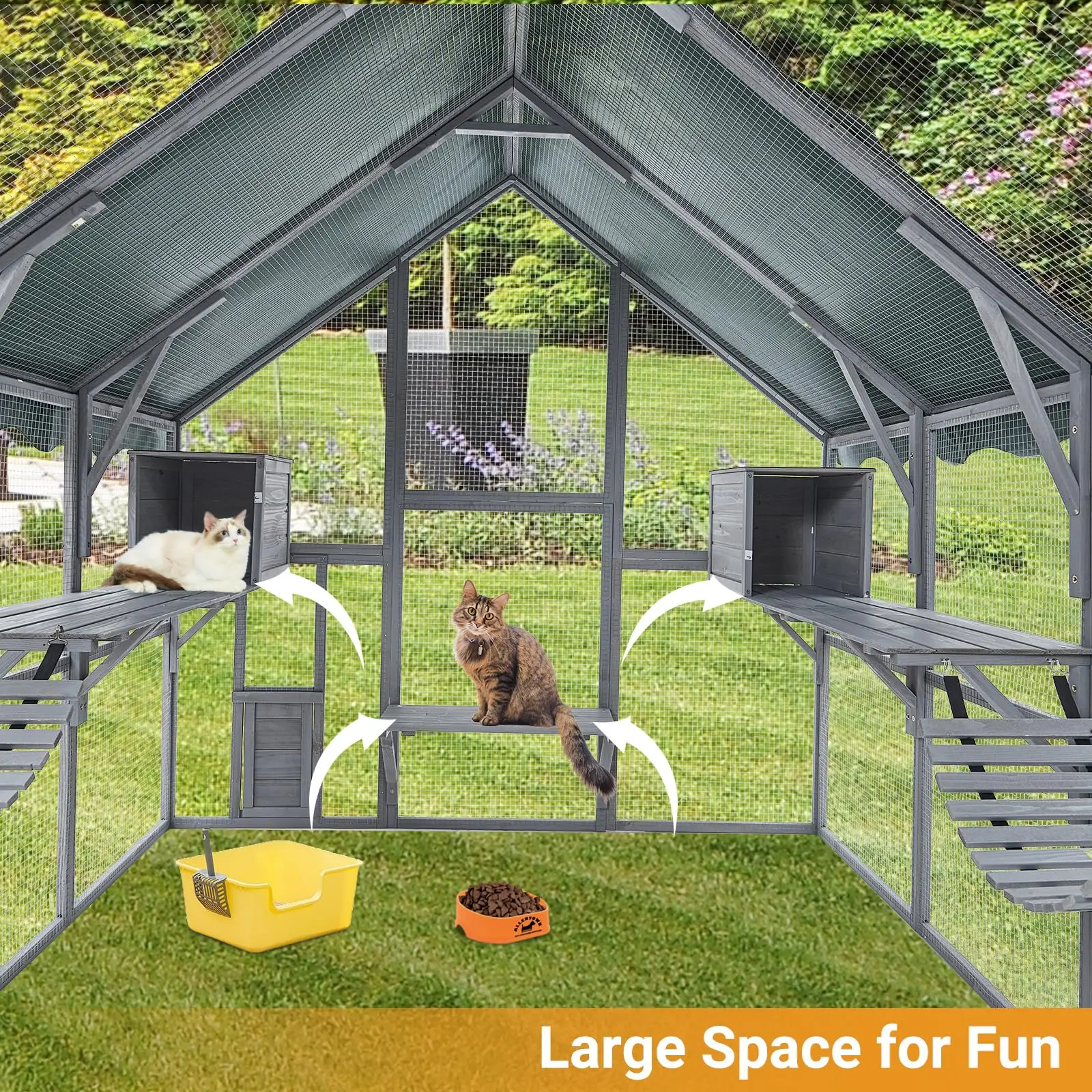 Large Cat Run Large Cat Enclosure Wooden Catio Indoor/Outdoor Kitty House with Bridges Walks Small Houses Roof Cover 110Inch