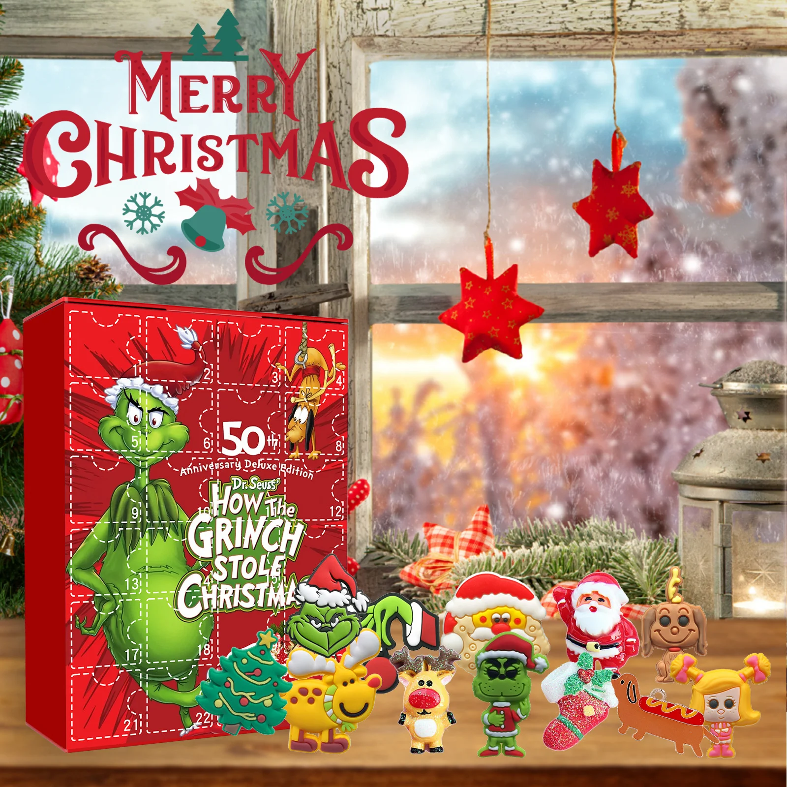 Pet/child Christmas Cartoon Toy Blind Box, Green Furley Grinch Series 24 Grids, Holiday Room Decoration-Resin